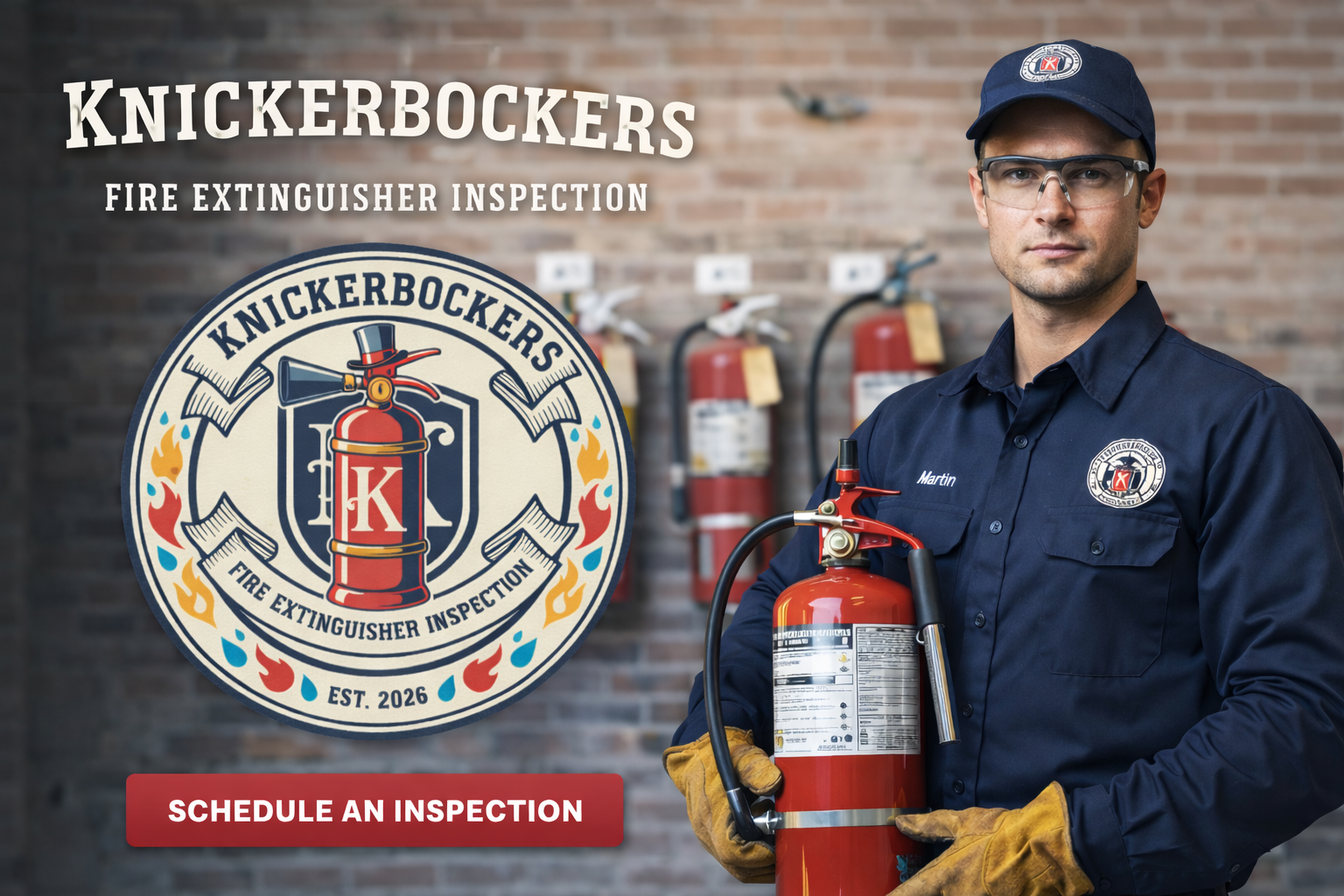 Knickerbockers fire extinguisher inspection technician holding a fire extinguisher
